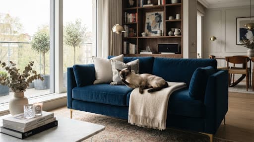 Chat siamois endormi sur un canapé bleu dans un séjour rangé