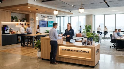 Bureau d’agence immobilière, postes de travail et espace d’accueil