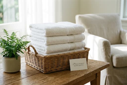 Piles de linge plié sur une table, chemises et serviettes