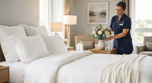 Intervenante en tenue préparant une chambre, lit refait et bouquet posé