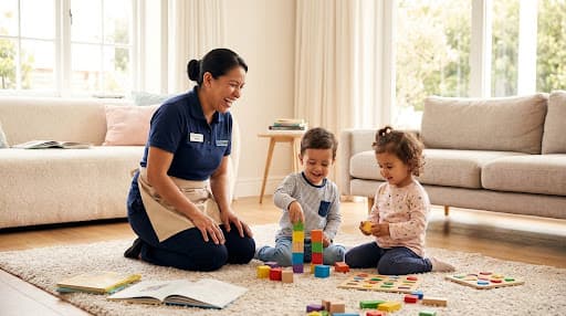 Intervenante jouant aux cubes avec deux enfants sur le tapis du salon