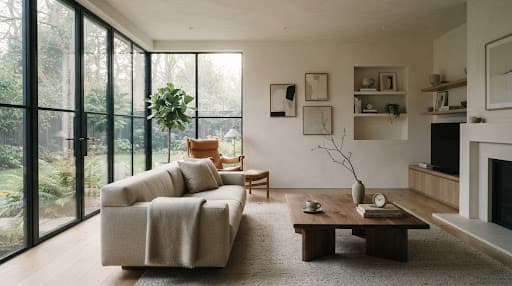 Séjour rangé d’un premier appartement, canapé clair et table basse en bois