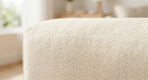 Accoudoir de canapé en tissu clair, fibres nettes en gros plan